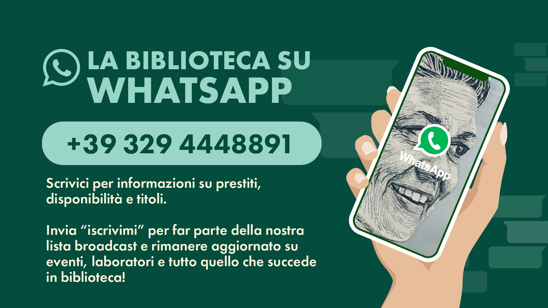 uno smatphone con la scritta La Biblioteca su whatsapp, ed il numero 3294448891